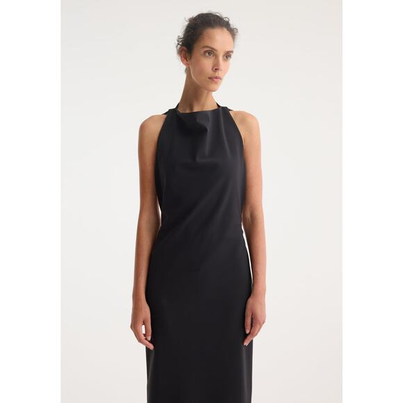 ROHE Black Open Back High Neckline Tie Strap Detail Floor Length Back Slit Dress - Picture 16 of 16